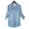 Женские блузкие рубашки Классическая сплошная джинсовая рубашка с длинным рукавом для женщин для женщин-манжета Blue Slim Bluse Office Work Lady Spring Jean Coat 230512