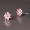 Stud Earrings Cute Real 925 Sterling Silver Women Enamel Pink Daisy Flower Earings Girl Gifts Fine Jewelry For Woman