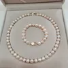 Hand knotted 9-10mm pink freshwater pearl necklace 45cm bracelet 19cm zircon micro inlay clasp set fashion jewelry