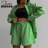 Zweiteilige Damenhose, grüner Anzug aus Shorts und Hemd für Damen, Langarm-Set aus Baumwolle, zweiteiliger, lockerer Vintage-Anzug mit Shorts für Damen, lässig, Knopfleiste P230515