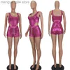 Kvinnors spårsätt Glitter Metallic 2 Piece Set Womens Outfits Sexig Clubwear Bodysuit Top + Short Femme Party Club Birthday Outfits Matching Set T230515