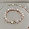 Hand knotted 9-10mm pink freshwater pearl necklace 45cm bracelet 19cm zircon micro inlay clasp set fashion jewelry