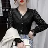 Women's Blouses Autumn Fashion White Vintage Long Sleeve Tops Sexy Lace Patchwork Hollow Out Shirt Button Mesh Crochet Blouse Women 16002