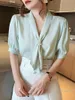 Women's Blouses OL White Shirt Women's Short Sleeve Satin Blouse 2023 Summer Beaded Tied V-neck Shirts Office Lady Professional Top