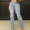 Kvinnors jeans kvinnor gata hög oregelbunden midja rak ben 2xl 90 -tal flicka lös nödlägen rippade hål indie estetik stretchig