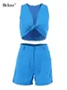 女子2ピースパンツBclout Summer Blue Linen Shorts Sets 2 Piece Outfits women Vacate v-neckSexy Crop Topsファッションシンストレートショーツスーツ230515