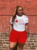 Survêtements pour femmes LW Plus Size Figure Lettre Imprimer Shorts Set O Neck Short Sleeve White T-shirt Rouge Bas assortis Grande taille Femmes Deux Pièces T230515