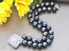 Kedjor 2ROW 17 "12mm Peacock-Black Round Freshwater Pearl Necklace Armband CZ