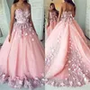 Abiti da festa Sweet Girls Pink Prom Dress Fiori 3d Senza spalline Senza maniche Tulle Abiti da sera eleganti Junior formale