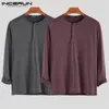 Mens tshirts incerun moda masculina camiseta algodão de manga longa fitness o pescoço de cor sólida botão casual tshirts camisetas hombre 230512