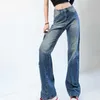 Women's Jeans luxuriousWomens jeans designer pants dark blue high waist straight denim trousers women American street wide-leg slacks