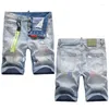 Men's Jeans 2023 Button Vijf-Punt Shorts Kleur Borduurwerk Willekeurige Lijn Ripped Gat Patch Lanyard Decoratie