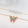 Chains Trendy Women Colorful Butterfly Pendant Necklaces Thai Pearl Double Layer Necklace Golden Choker Jewelry