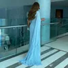 Party Dresses Sky Blue Chiffon Long Prom Cap Sleeves With Feather Brush Mermaid Evening Gowns Sexy Formal Dress 230515