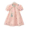 Fille robes 2023 été 3-12 ans chinois Han Style Hanfu enfants robe à manches courtes dentelle Cheongsam pour enfants bébé filles Q455