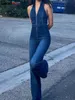 Women's Two Piece Pants Jumpsuit Denim Elegan Katun Kucing Aneh Wanita Tanpa Lengan Ritsleting Mode Hipster Kasual Jalan Tinggi Kaki Lebar Pakaian Aktif 230515