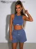 Tracksuits Sisterlinda Casual Sporty Women 2 -dames van dames 2 -delige tracksuit set geribbeld Skinny tanktops vesten+zweet shorts vrouwelijke bijpassende stretch outfits T230515