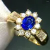 Klusterringar fina smycken verklig 18k rosguld naturlig oskyldig blå safir 0,71ct ädelstenar diamanter unisex man