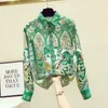 Women's Blouses Vintage Floral Print Blouse Womens Tops Silk Long Sleeve Green Office Ladies Lapel Button Up Loose Shirt Blusas Mujer