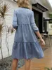 Casual Dresses Black Dress Women Spring Summer Imitation Denim Vintage Dress Solid Female Fashion Casual Blue Dress Knee-Length O-Neck Clothes 230515