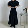 ツーピースドレス特大の夏のヴィンテージ2スカート2ピース定義女性用服のパフトップクロップスリーブと弾力性のあるウエストプリーツロングAラインスカートP230515