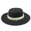 Wide Brim Hats Round Flat Hat Women's Concave-convex Top Pearl Fedora Autumn And Winter Wool Felt Big Men Women