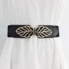 Cinture Fibbia in metallo a forma di foglia Cintura larga da donna Cintura elastica con cuciture in pelle PU per abito da camicia Decorazione Cinturino Cintura alla moda