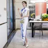 Roupas étnicas Cetina Party feminina Elegante Slim Qipao Diamante Peony Flor Azul e Branco Cheongsam Mulher Tradicional Chinesa