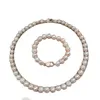 Hand knotted 9-10mm pink freshwater pearl necklace 45cm bracelet 19cm zircon micro inlay clasp set fashion jewelry