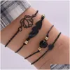 Charmarmband 2021 Nytt mode 4st Gothic Black Feather Lotus Set Heart Boho Bangles For Women Wrist Chain Armband Drop D Dhgarden Dhahs