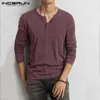 Mens tshirts incerun moda masculina camiseta algodão de manga longa fitness o pescoço de cor sólida botão casual tshirts camisetas hombre 230512