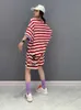 Pantalon deux pièces pour femmes QING MO 2023 Été Nouvelles femmes Stripe Shorts et manches courtes Set Top Loose Blue Red Casual Two Piece Pantalon personnalisé ZY062 P230515