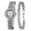 Wristwatches 2PCS Fashion Luxury Roman Pattern Diamond Ladies Quartz Watch Women Double Layer Bracelet