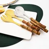 Conjuntos de utensílios de jantar drmfiy 6pcs de longa servir colher colher bambu maçaneta de madeira salada garfo de aço inoxidável utensílios de cozinha conjunto de talheres de cozinha