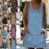 Vestidos casuais 2022 Sumerm Women Moda Sexy Mini Dress Dress Sullover Faux Denim Dress Girls Girls Solor Color Suspender Dress P230515