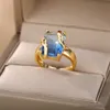 Bandringe, kubischer Zirkon, blauer quadratischer Stein, Ringe für Frauen, Edelstahl, quadratischer Stein, Fingerring, Party, ästhetischer Valentinstag, Schmuck, Geschenk