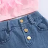 Ensembles de vêtements filles tenue d'été mode enfant enfants rose sans manches plume Camisole Denim pantalon avec poches 230512