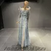 Robes de soirée Robe de soirée de luxe bleu musulman Dernière perlée ALine Ladies Wedding Show Premium Tulle Sheer Off The Shoulder 230515