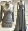 Party Dresses Gray Long Sleeve Muslim Evening Dress Satin Beaded Hijab Prom Formal Gown Arabia Dubai Kaftan Islamic Robe De Soiree 230515