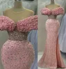 Aso Ebi 2023 Arabo Mermaid Pink Prom Dress Pealrs Cristalli Sera sexy Festa formale Secondo ricevimento Compleanno Abiti da fidanzamento Abiti Robe de Soiree SH045