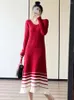 Casual Dresses Red V-Neck Color Contrast Knitted Dress Autumn Winter Nordic Style Above Knee Long Sleeve Sweater Skirt Maternity Y2k