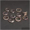 Anillos de banda 2022 Conjunto de anillos de moda vintage para mujeres niñas Metal dorado Punk Hojas huecas geométricas Dedo Joyería de fiesta Anillos Dhgarden Dhdbt