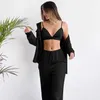 Women's Two 2023 3 Piece Set Satin Silk Turn Down Collar Long Sleeve Tops Bra Women Sets With Pants Pajama Casual Female Solid Home Wear P230515 good