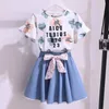 Kledingsets Internet Celebrity Girls Western Fashion Summer Short Sleeved T -shirt bedrukte kinderen denim rok Twoplee Suit 230512