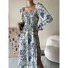 Sukienki swobodne kobiety Summer boho seksowna sukienka długi rękaw kwadratowy szyjka wysoka pasa kwiat nadruk maxi sukienka vestidos panie szyfonowe długie sukienka 230515