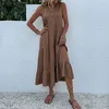 Casual Sleeveless Tank Dress Women Summer V Neck Buttons Ruffle Midi Dresses 2023 Elegant Fashion Beach Loose Sundress