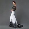 Uzun Kollu Denizkızı Gece Elbise Aplikler Siyah Dantel Süpürme Treni Resmi Parti Elbise Kadınlar için Prom Gowns