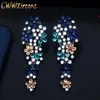 Bengelen kroonluchter cwwzircons Long Drop Flower Multi Color Blue Cubic Zirconia oorbellen voor vrouwen Fashion Statement Wedding Party Sieraden CZ669 230512