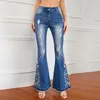 Jeans femme déchiré évasé femmes pantalons à jambes larges broderie Denim pantalon femme Vintage esthétique cloche bas Streetwear Bootcut 4XL