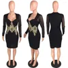 Casual Dresses Oten Sexig Mesh Bodycon Dress Autumn Celebrity Ceremony Långärmad guld Rayon Floral broderad middagsfest klubbkläder